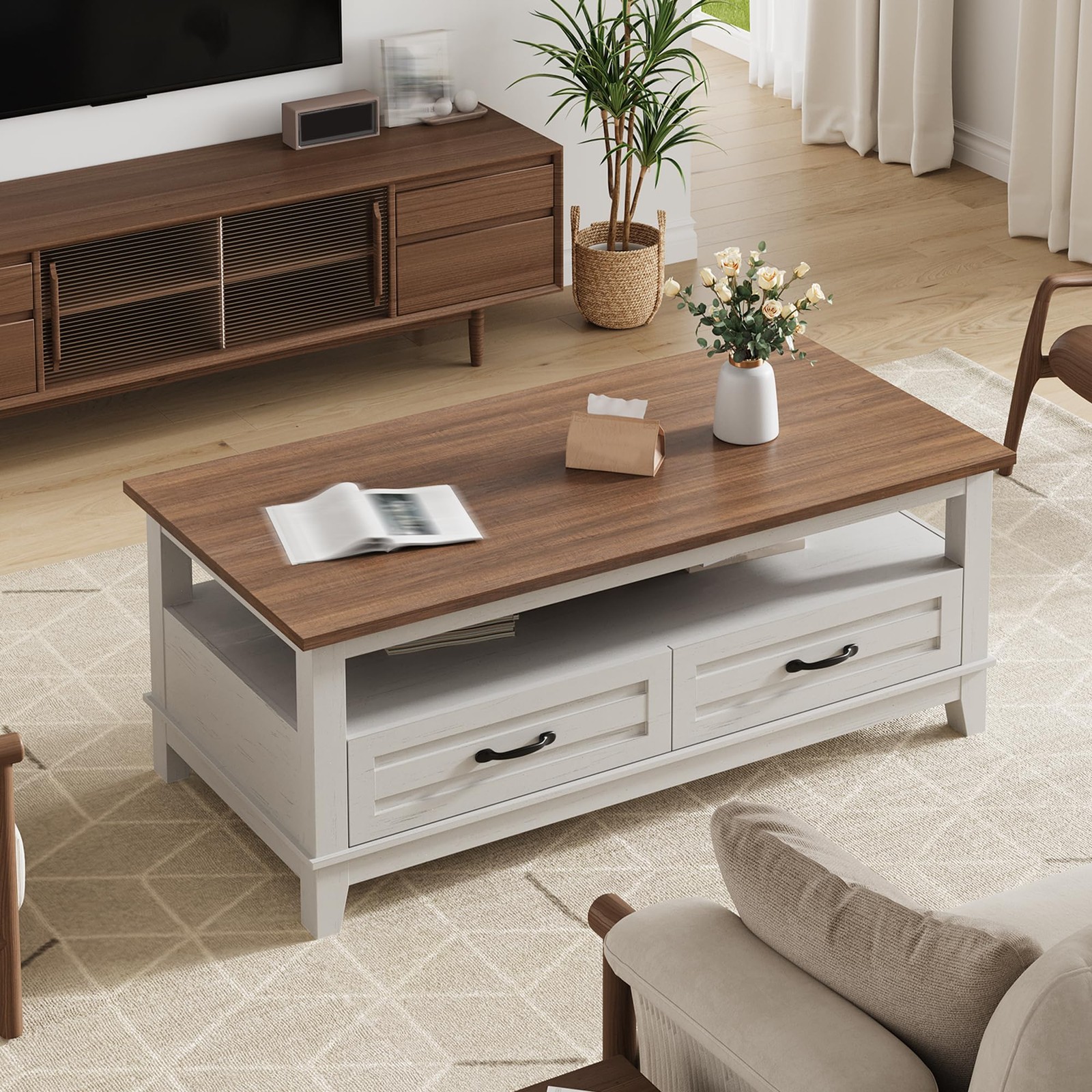 GRAVEE 47" Farmhouse Coffee Table with 2 Drawers Wood Center Storage Shelf