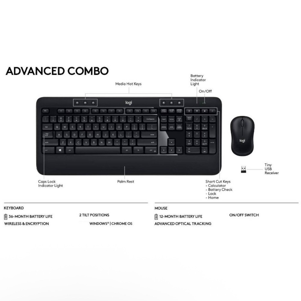 NEW Logitech MK545 Advanced Wireless Keyboard & Mouse Combo Full Size - Black