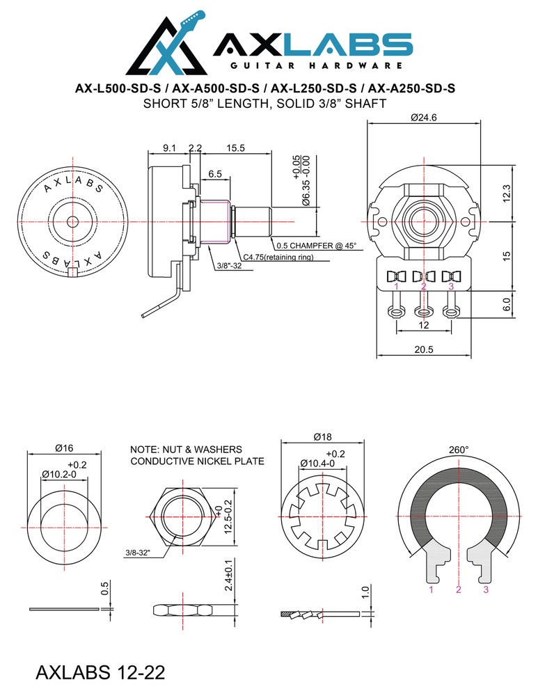 AxLabs 500K Linear Taper Potentiometer, Short 5/8" Length, Solid 3/8" Shaft