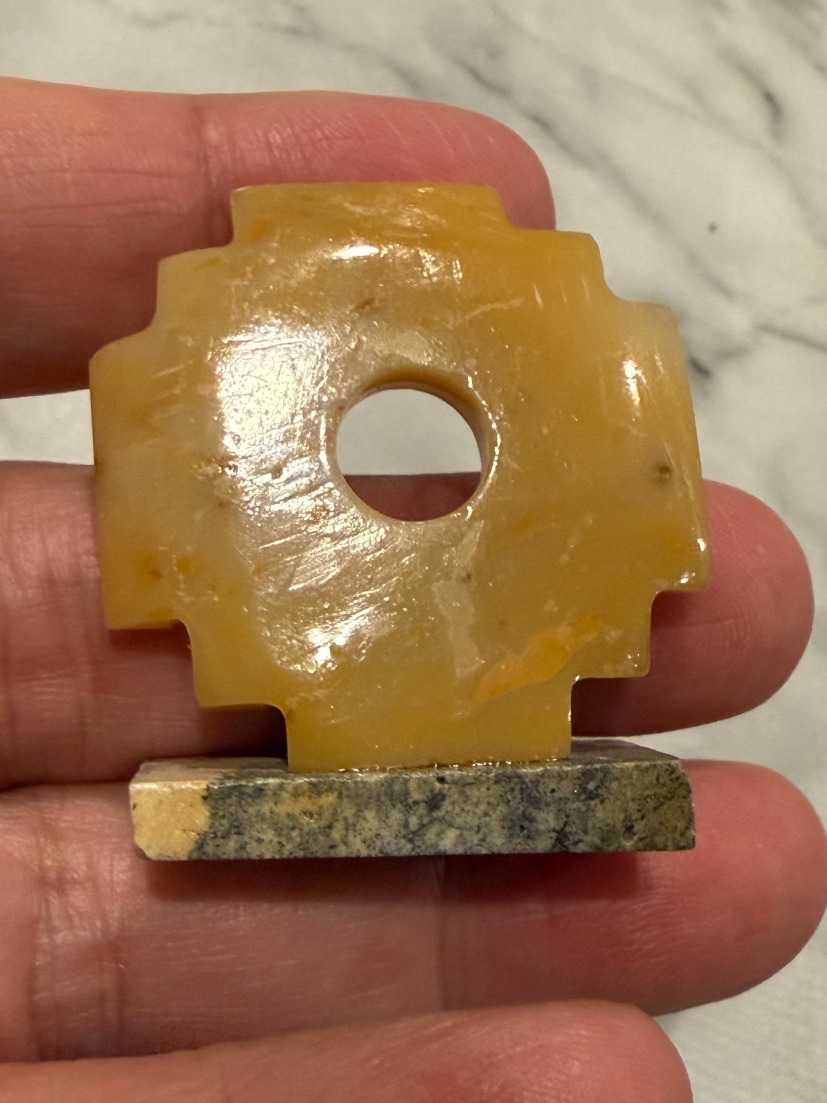 Vintage Small Yellow Stone Carving Chakana Inca Cross on Stand