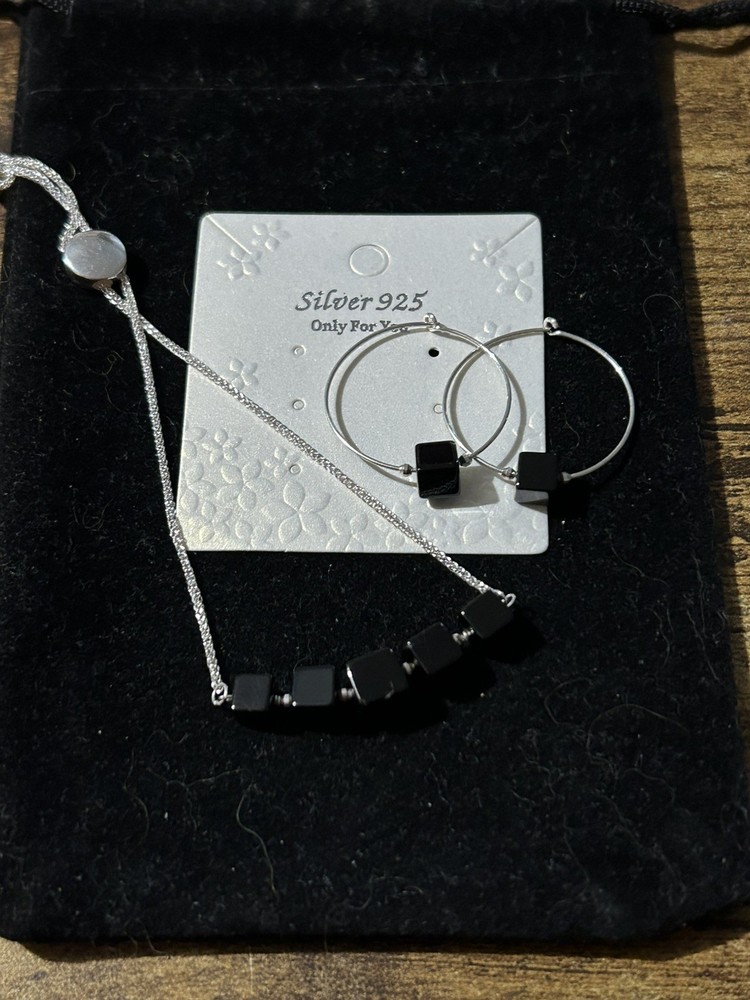 Black Square Cut Onyx 925 Silver Hoop Dangle Earring & Adjustable Bracelet Set