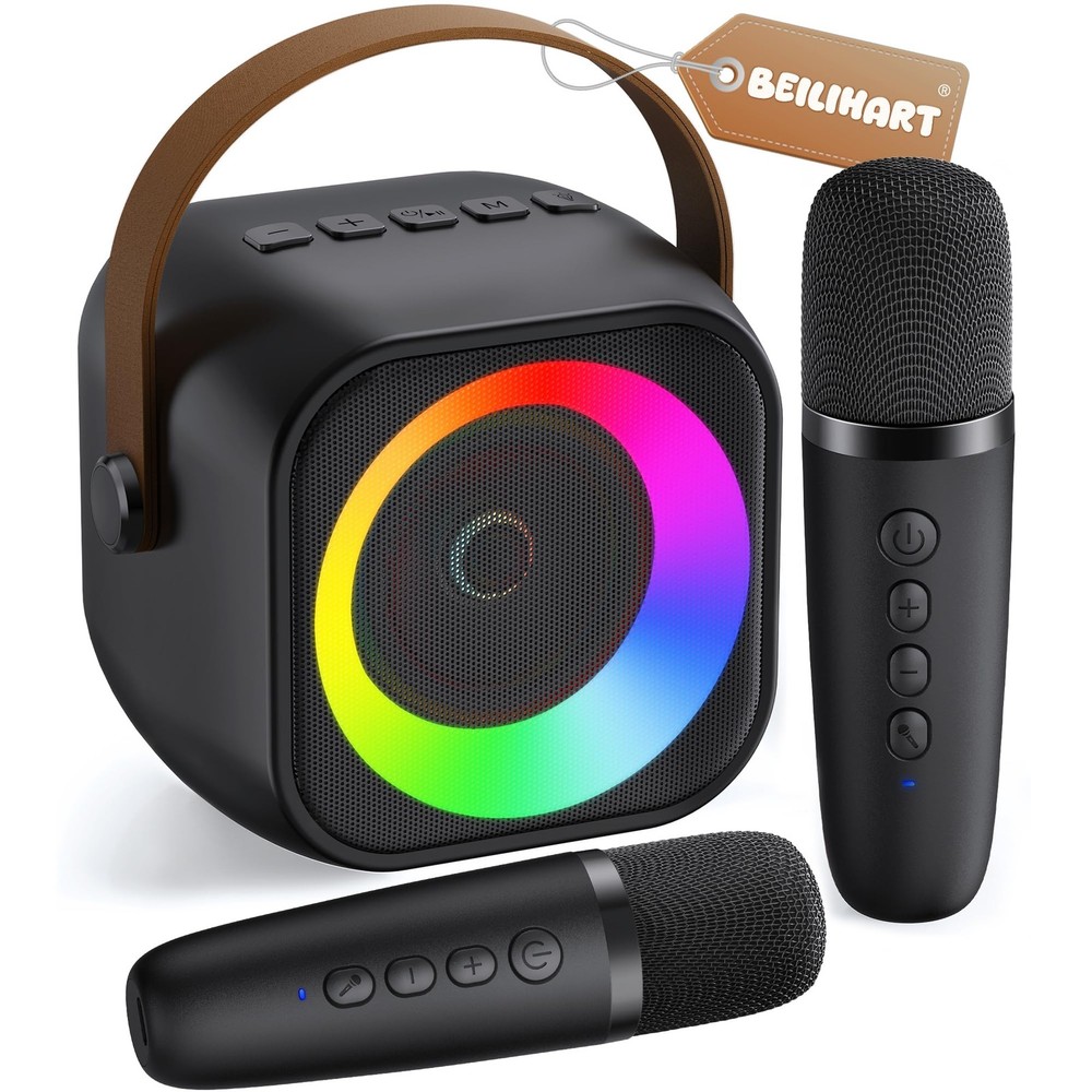 Mini Karaoke Machine, Portable Bluetooth Karaoke Speaker with 2 Wireless Micr...