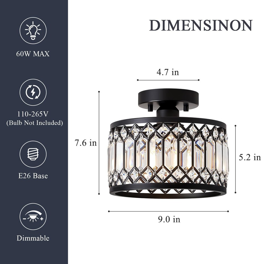 Crystal Black Ceiling Light, Modern Semi Flush Mount Ceiling Lighting Fixture...