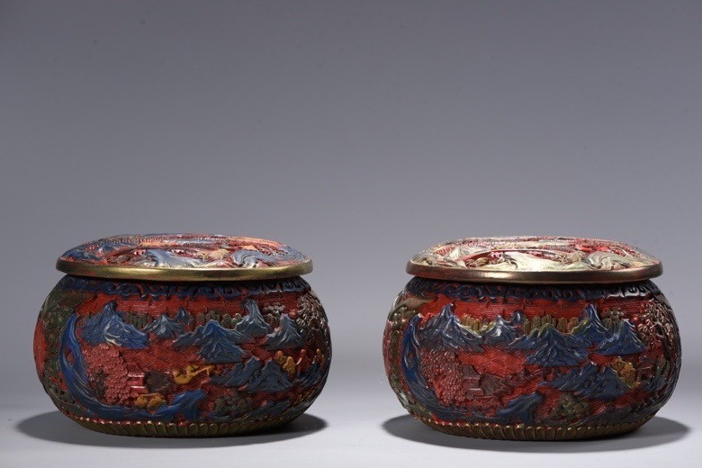 Old Dynasty Red Wood lacquerware Painting Carve tree house Jar Pot Crock pair