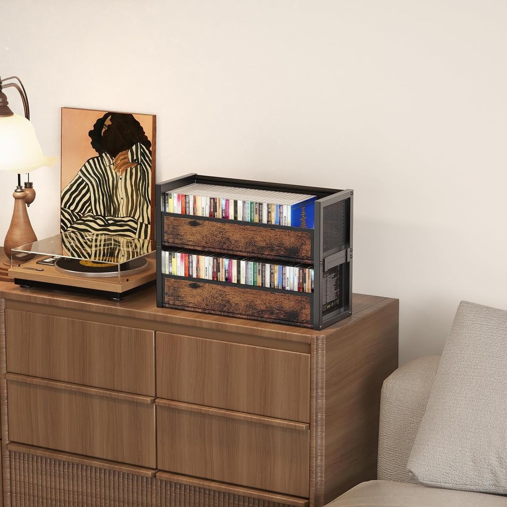 2-Tier CD Holder W/ Fabric Wood Grain Texture Stackable CD Storage Case & Box