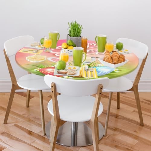 Easter Rabbit Cute Round Fitted Tablecloth Easter Egg Round Table Cover with