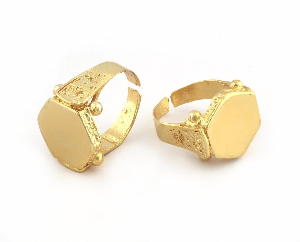 Signet Hexagonal Ring Adjustable Ring Shiny Gold Plated Brass 10US size 4423