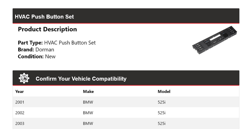 For 2001-2003 BMW 525i Dorman HVAC Push Button Set 2002