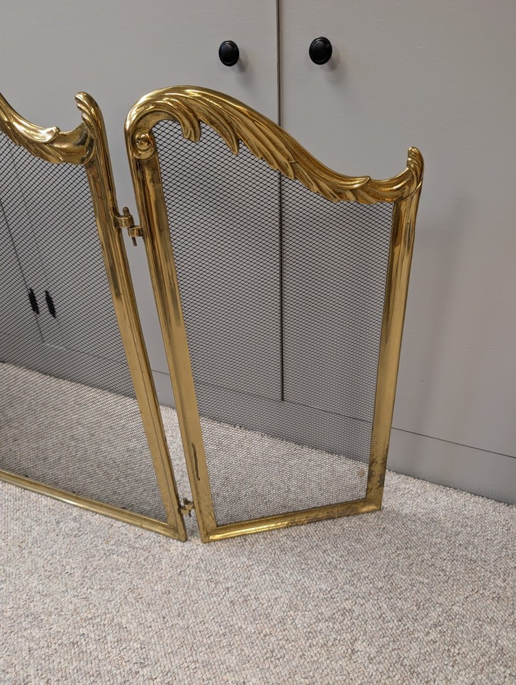 Vtg 3 Panel Fold Brass Shell Rose Fireplace Screen