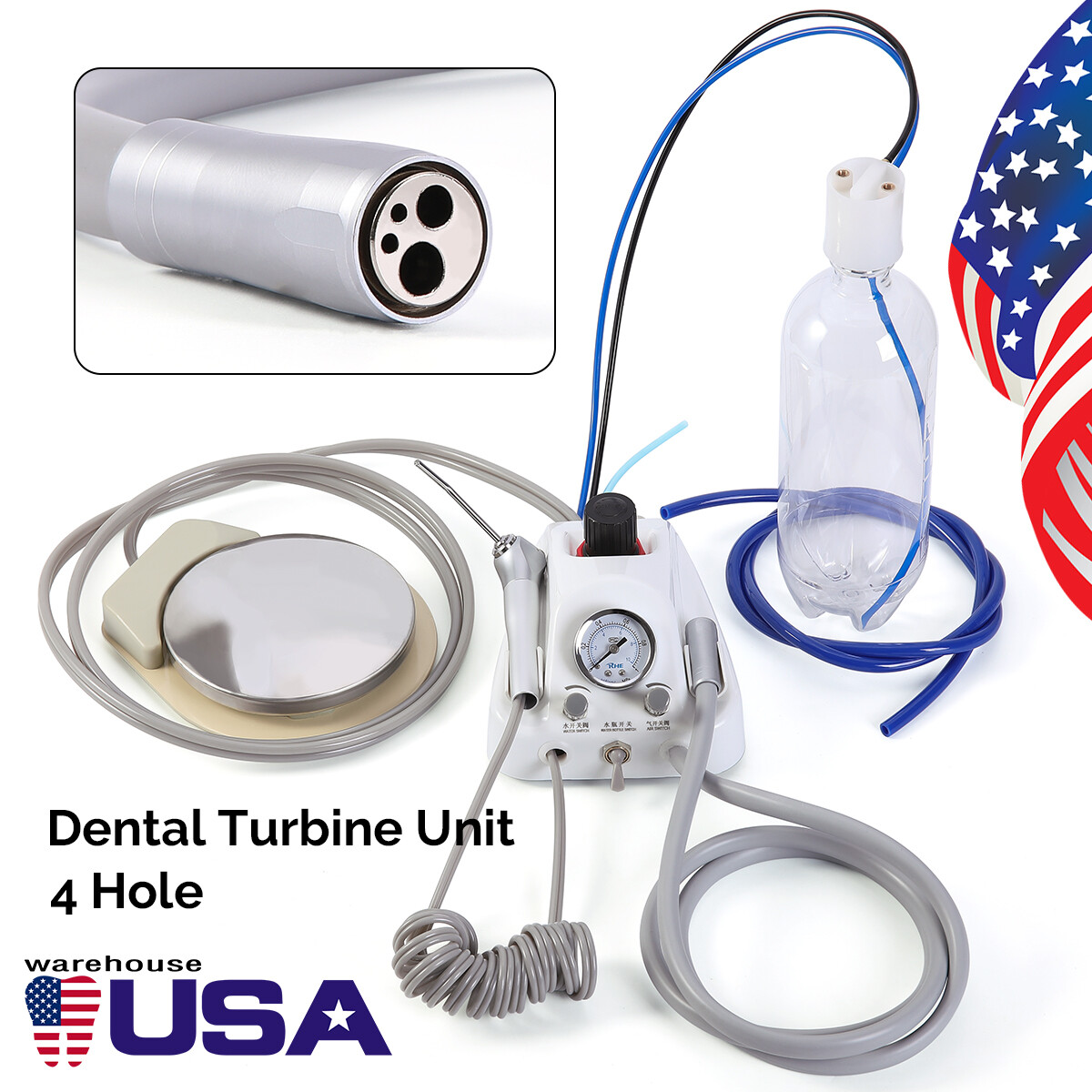 Portable Dental Turbine Unit 3Way Syringe Work with Air Compressor/Handpiece Kit