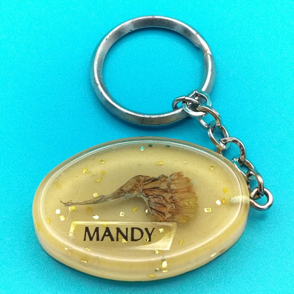 MANDY Keychain Resin Dried Flower Gold Glitter Split Ring Oval