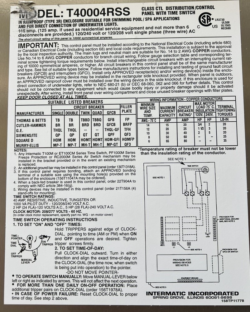 Intermatic T40004RSS Pool spa timer Electric Panel 125 AMP