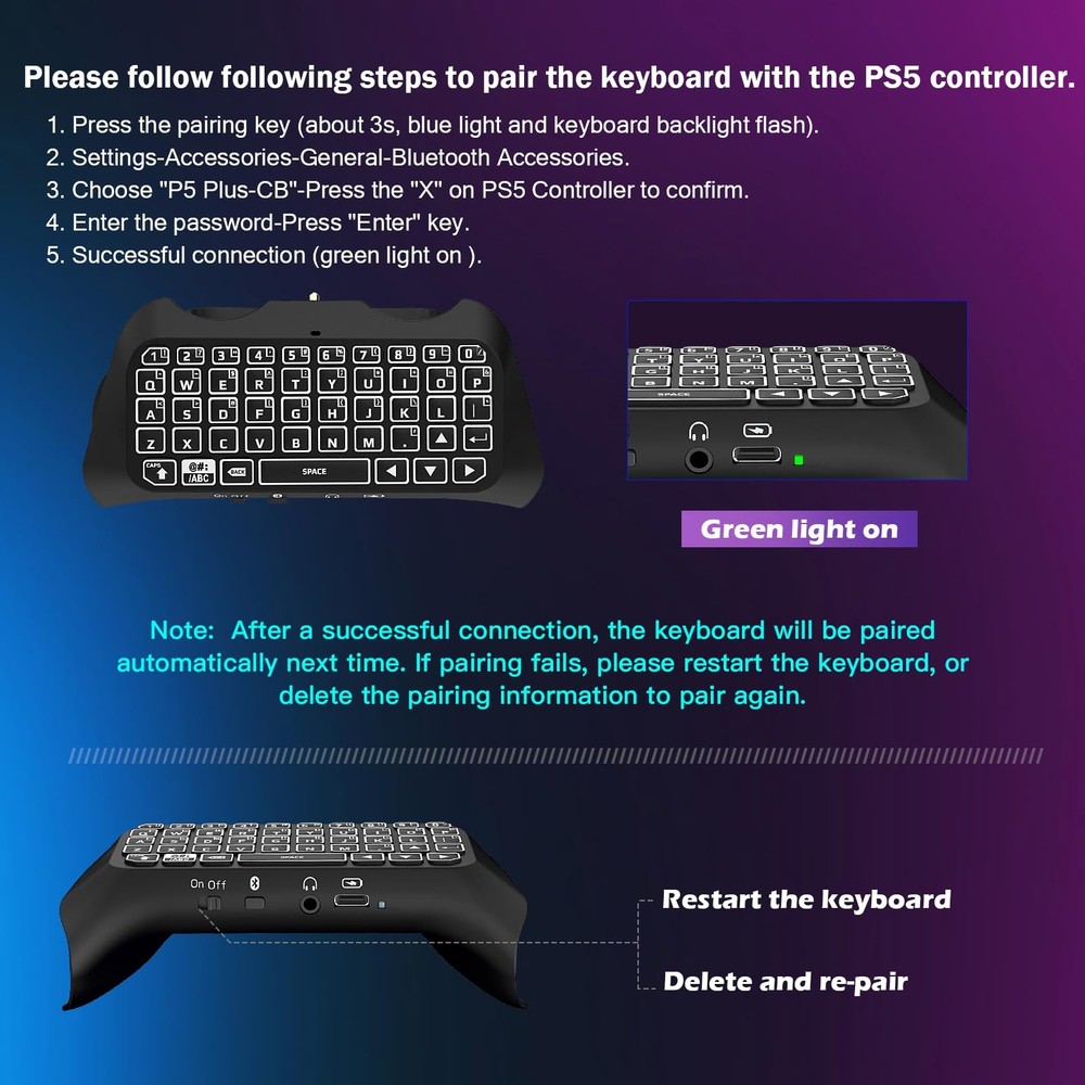 RGB Backlight Keyboard for PS5 Controller, Wireless Bluetooth Keypad Chatpad ...