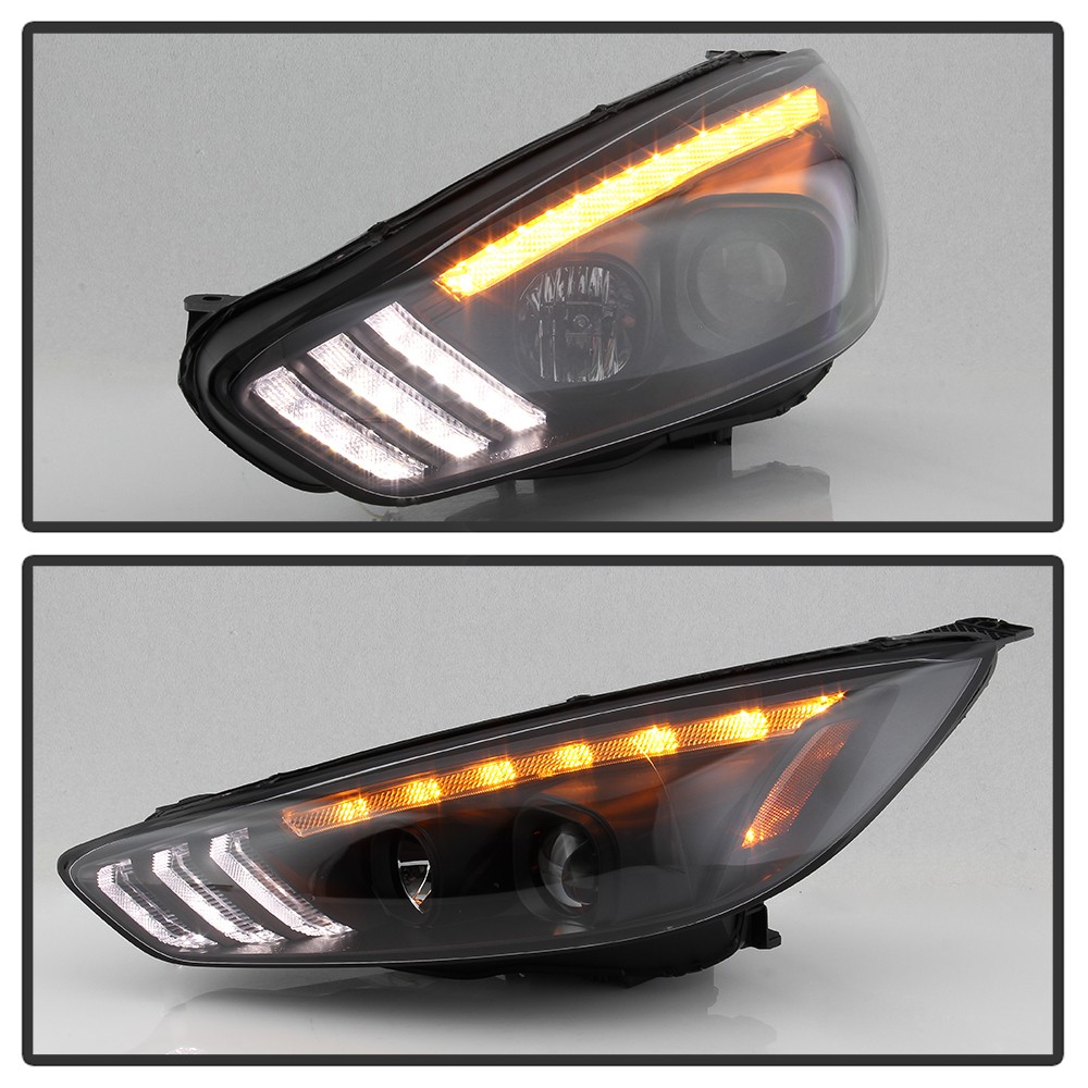 2015-2018 Ford Focus Halogen Type Black LED DRL Sequential Projector Headlights