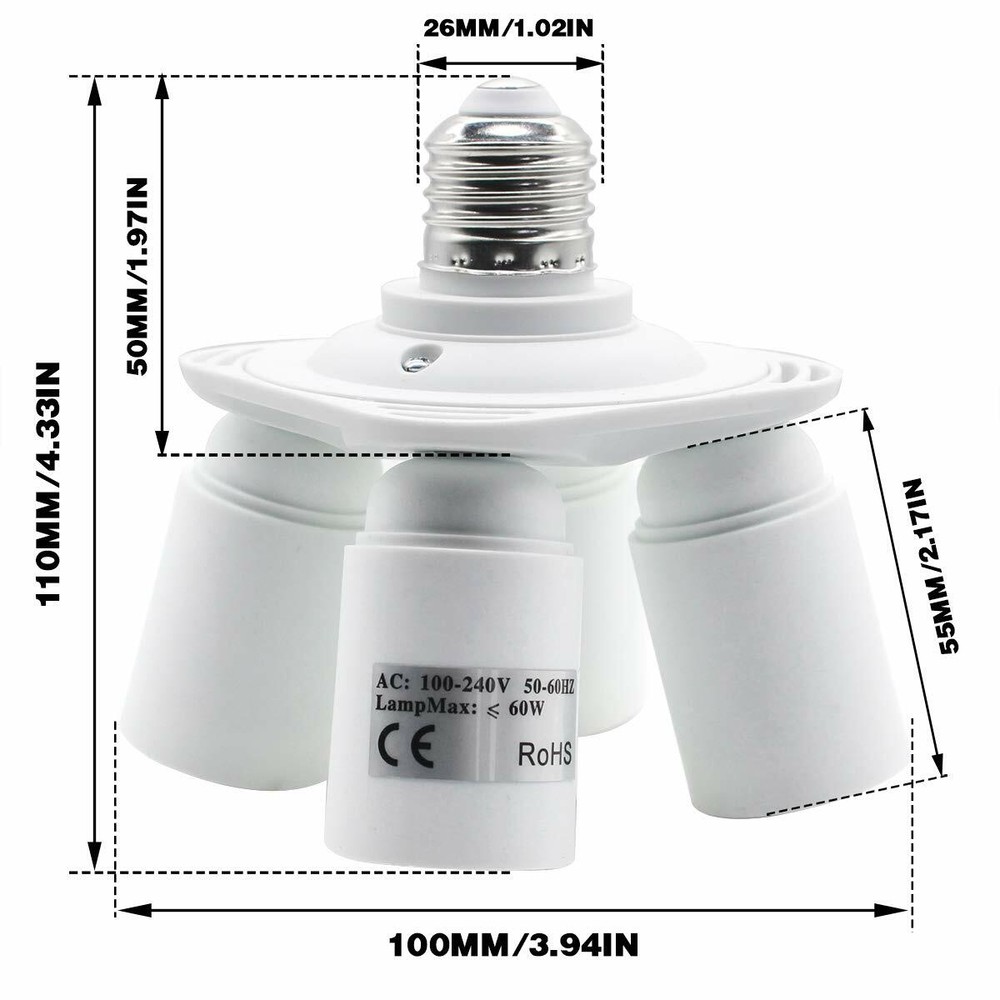 4 in 1 E26/E27 Light Socket Splitter for Photo Studio, Work Shop, Garage