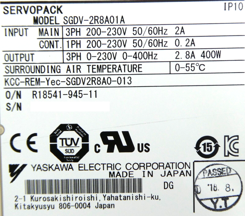 Yaskawa Electric SGDV-2R8A01A Servo Drive SERVOPACK Working Surplus