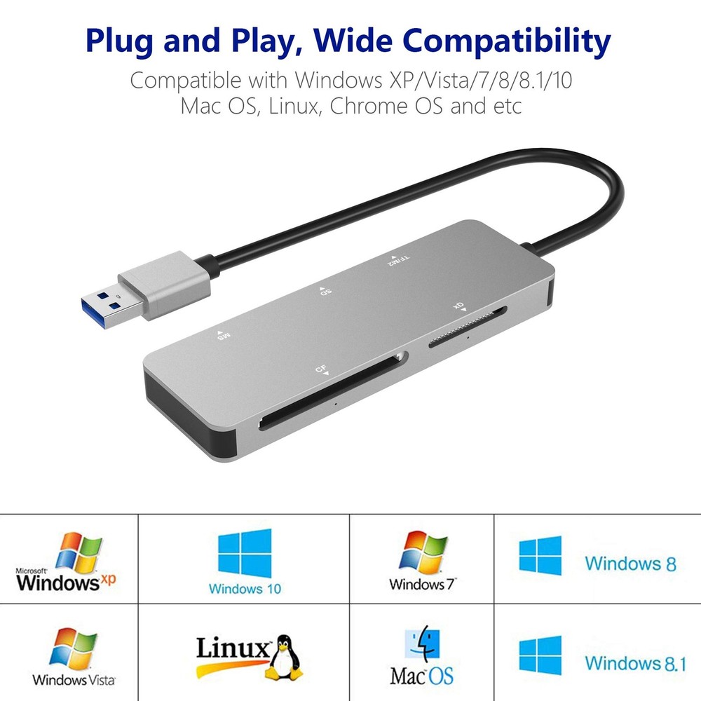 6-in-1 USB 3.0 XD Memory Card Reader TF/SD/MS/M2/XD/CF Combo Adapter