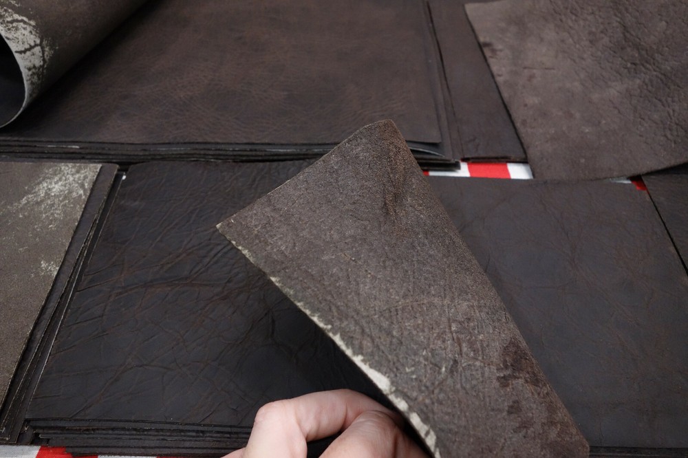 HORWEEN EBONY ROWDY SHRUNKEN BISON 4 oz. LEATHER, UNEVEN BACK TEXTURE, COLOR..