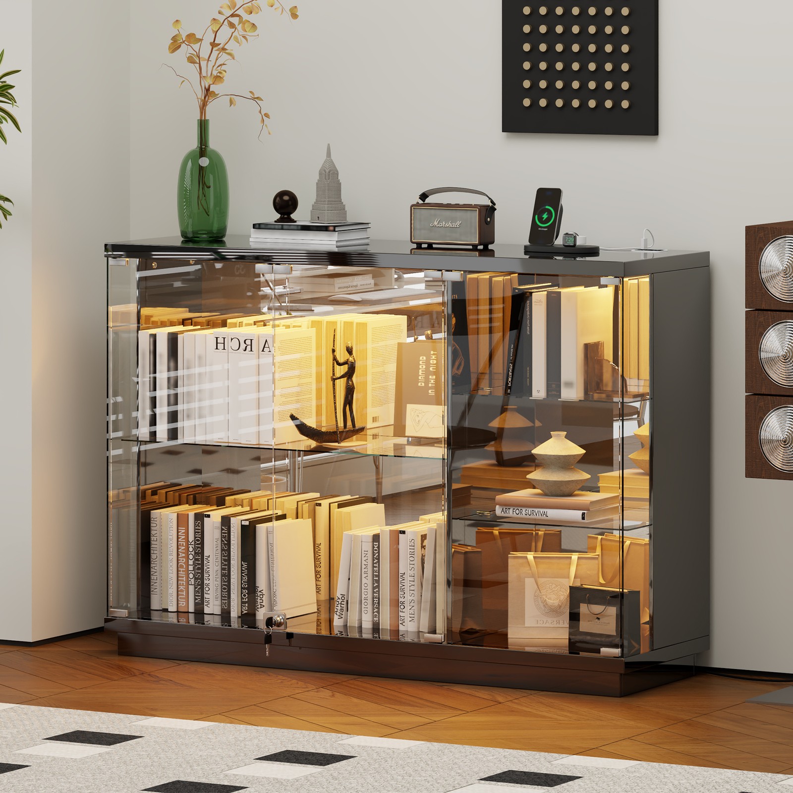 Gurexl Glass Display Cases with Human Sensor and 3 Color Lights for Collectibles