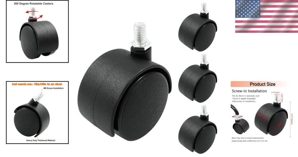 4pcs 2 Inch Swivel Caster Wheels, Black Nylon M8 Threaded Stem