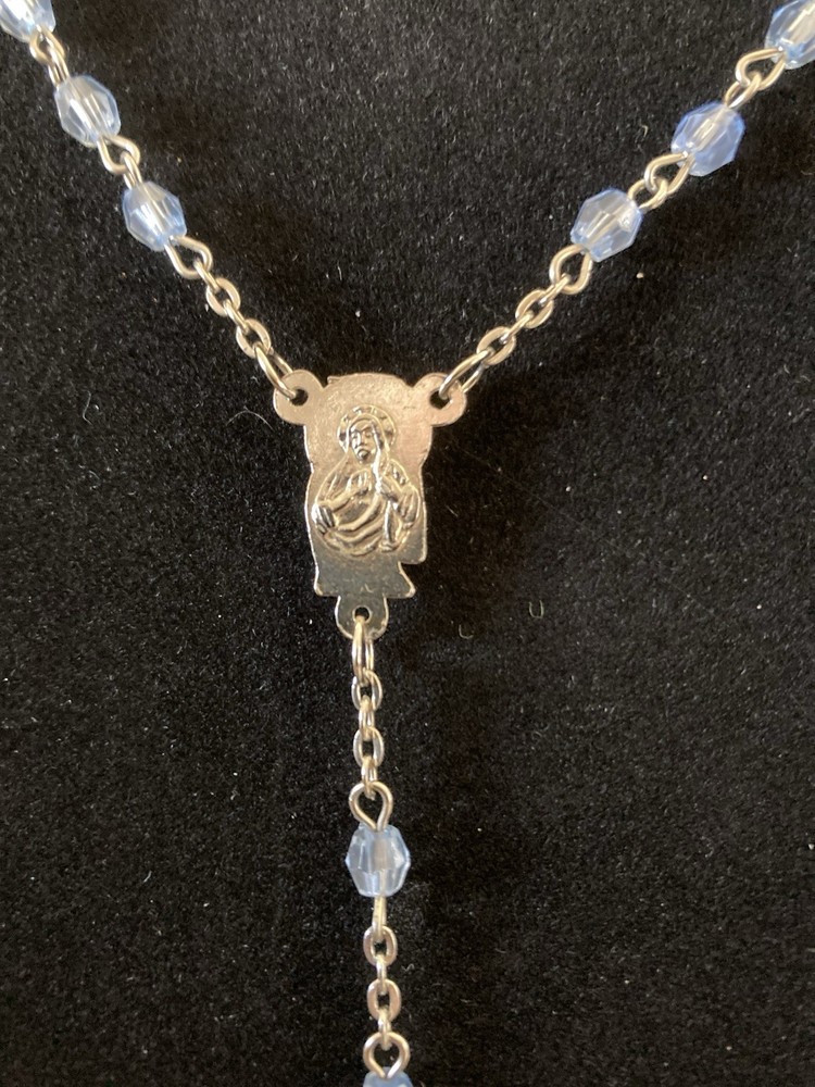 Rosary: Light Blue Beads w Silver Tone Chain 18"