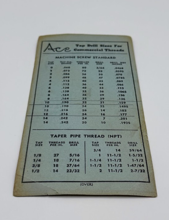 Ace Tap drill size reference chart Henry L Hanson Worcester MA tool die pipe