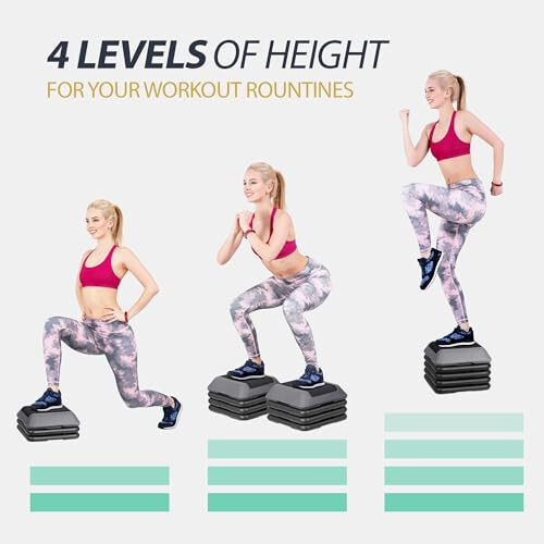 Aerobic Step Exercise Platform Stepper with 4 Risers 16" x 16", Adjustable Heigh