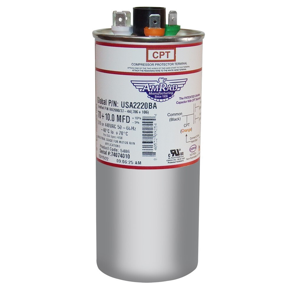 70+10 MFD x 370 / 440 VAC ROUND Run Capacitor AmRad USA2220BA - Made in the USA