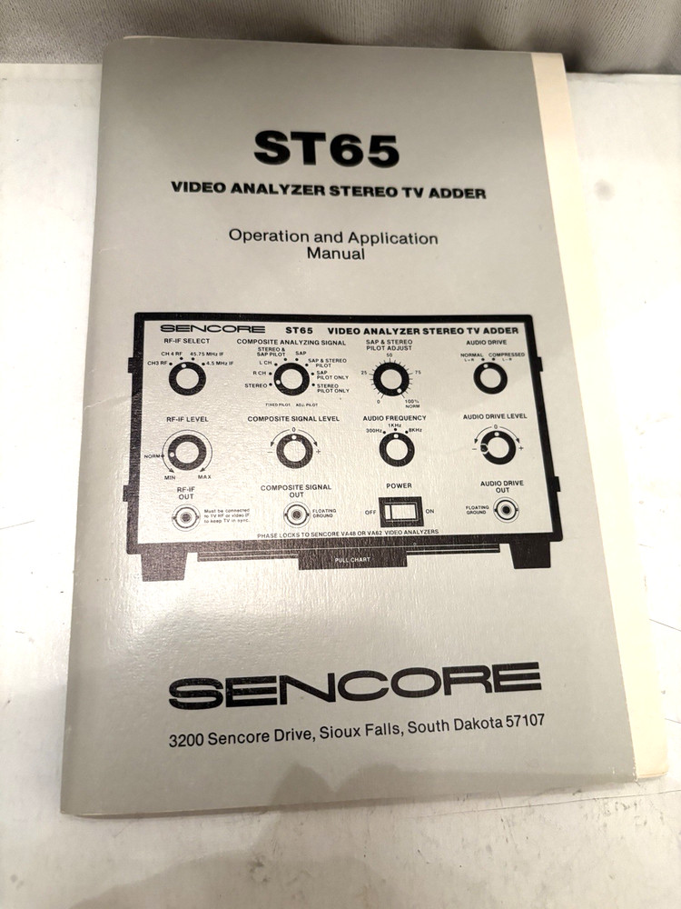 Sencore ST65 Video analyzer stereo TV adder - OPERATION & APPLICATION MANUAL