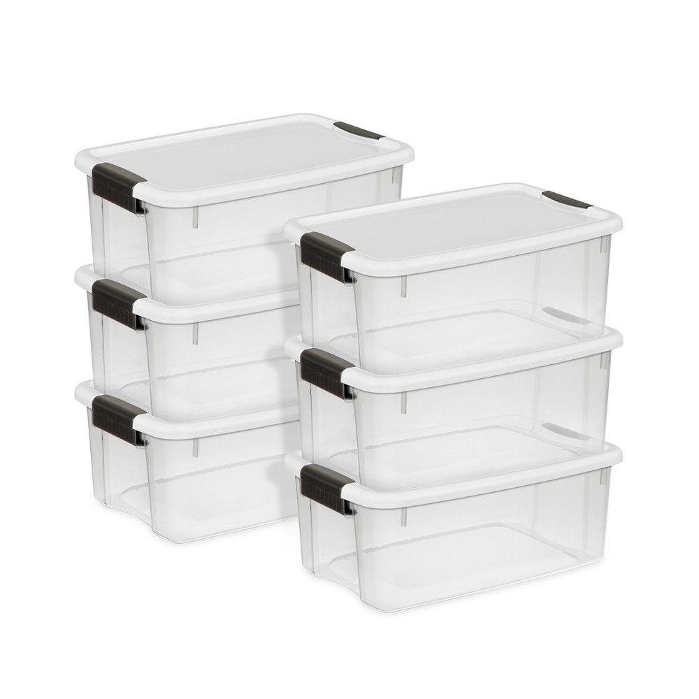 Sterilite 18 Qt Clear Plastic Stackable Storage Bin w/ White Latch Lid, (6 Pack)