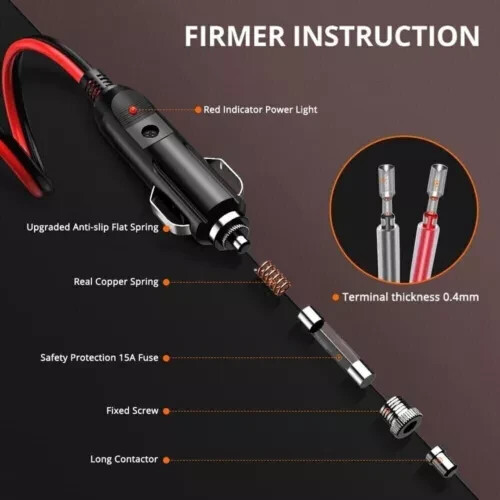 2Pcs Fused Male Car Cigarette Lighter Socket Plug Connector Cable Leads 12V~24V