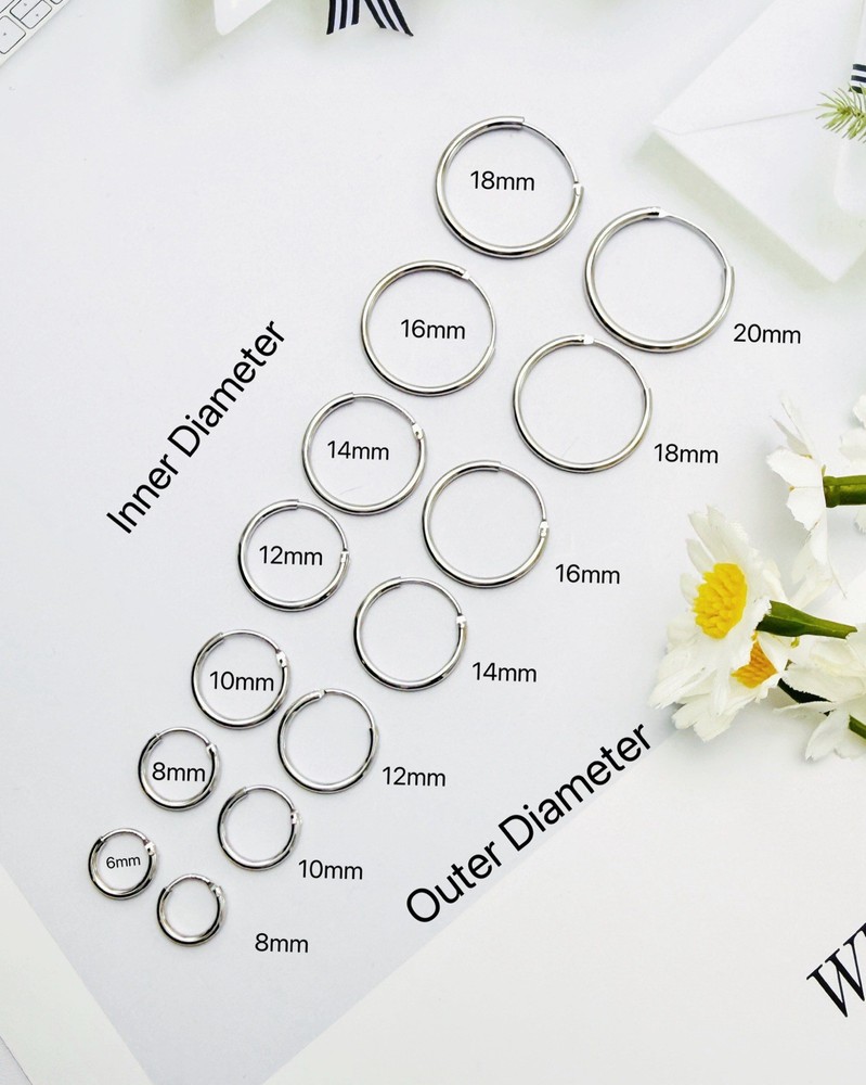 Solid 925 Silver Plain Hoops Earrings- Small Medium Sleep Wear Long Last Huggie