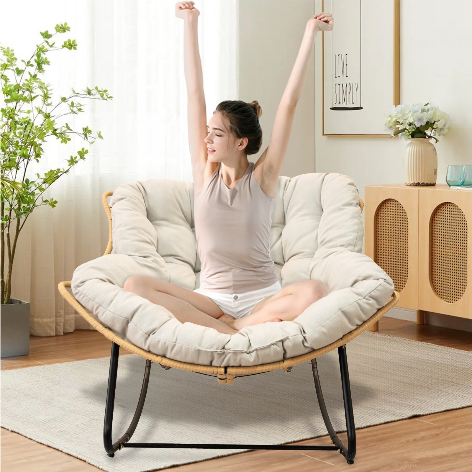 Oversized Rattan Egg Rocking Chair Outdoor Patio Indoor Papasan Chair W/ Cushion