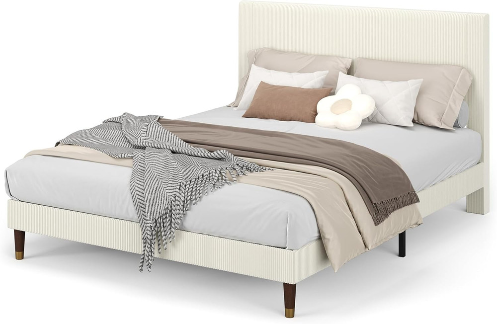 Beige Upholstered Full Bed Frame, Noise-Free, Easy Assembly
