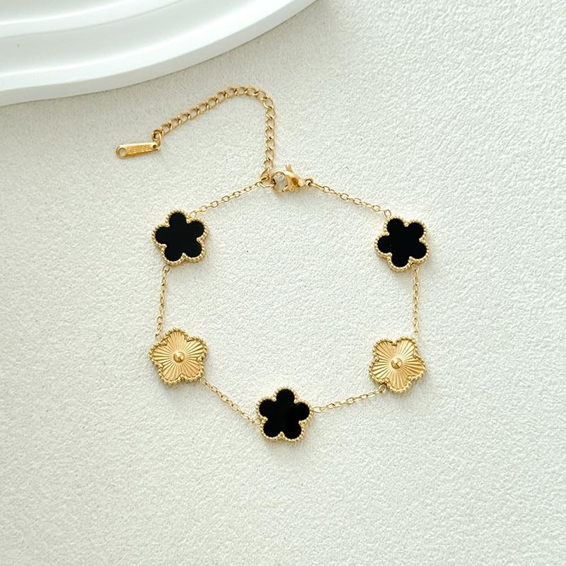 Ntutrxk One Size, Bracelets Stack 4Sets (Floral Black+Gold Bracelets,Bangle)