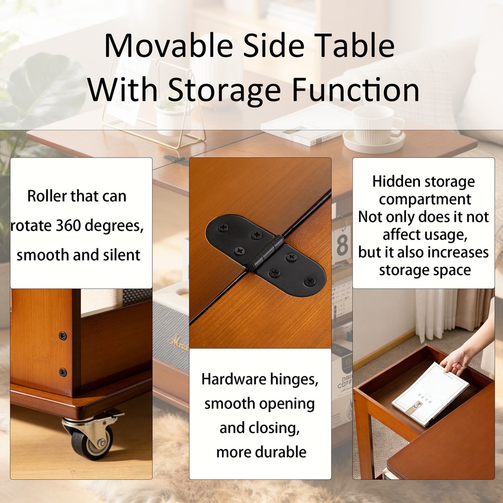 Bamboo folding edge table with movable storage, foldable tabletop suitable for
