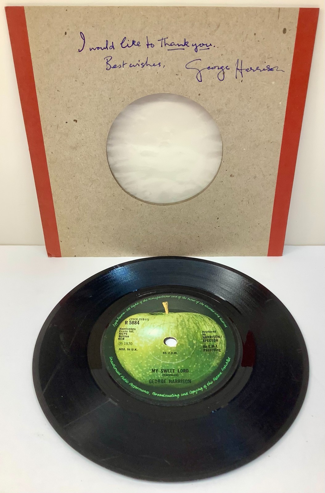 1970 George Harrison My Sweet Lord/What Is Life 45 Record Signed w/ Inscription