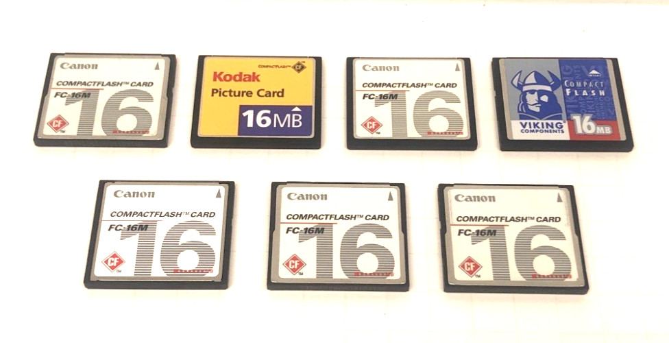 SEVEN ASSORTED 16MB COMPACT FLASH MEMORY CARDS