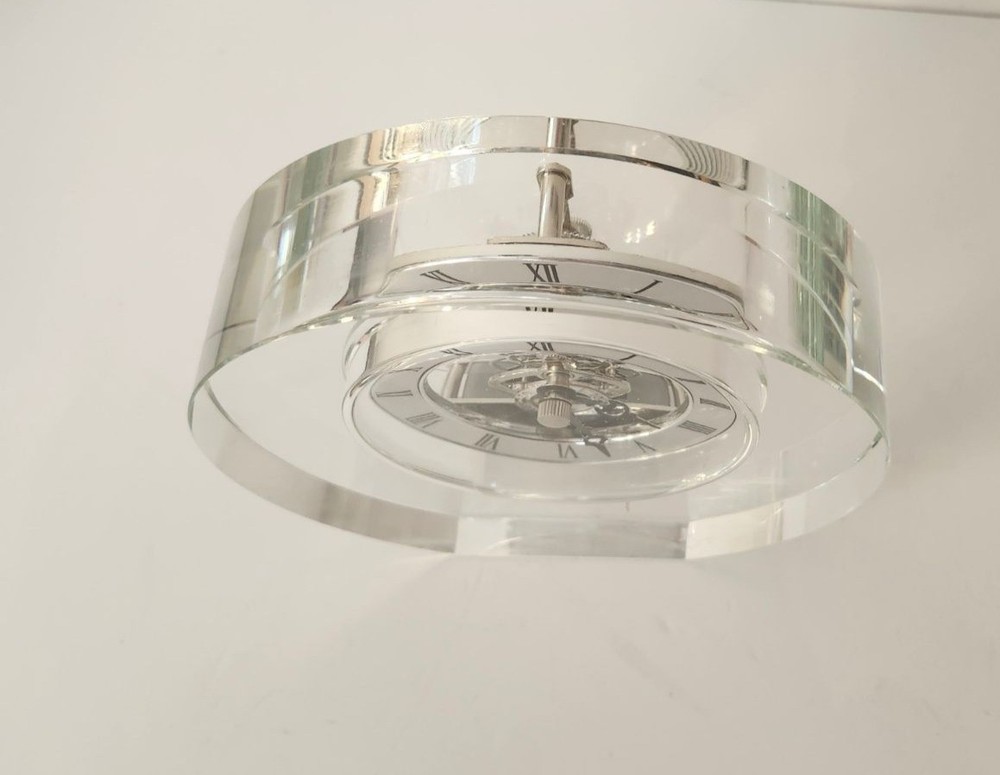 Crystal Desk Clock With Roman Numerals & Exposed Silver Gears Elegant & Function