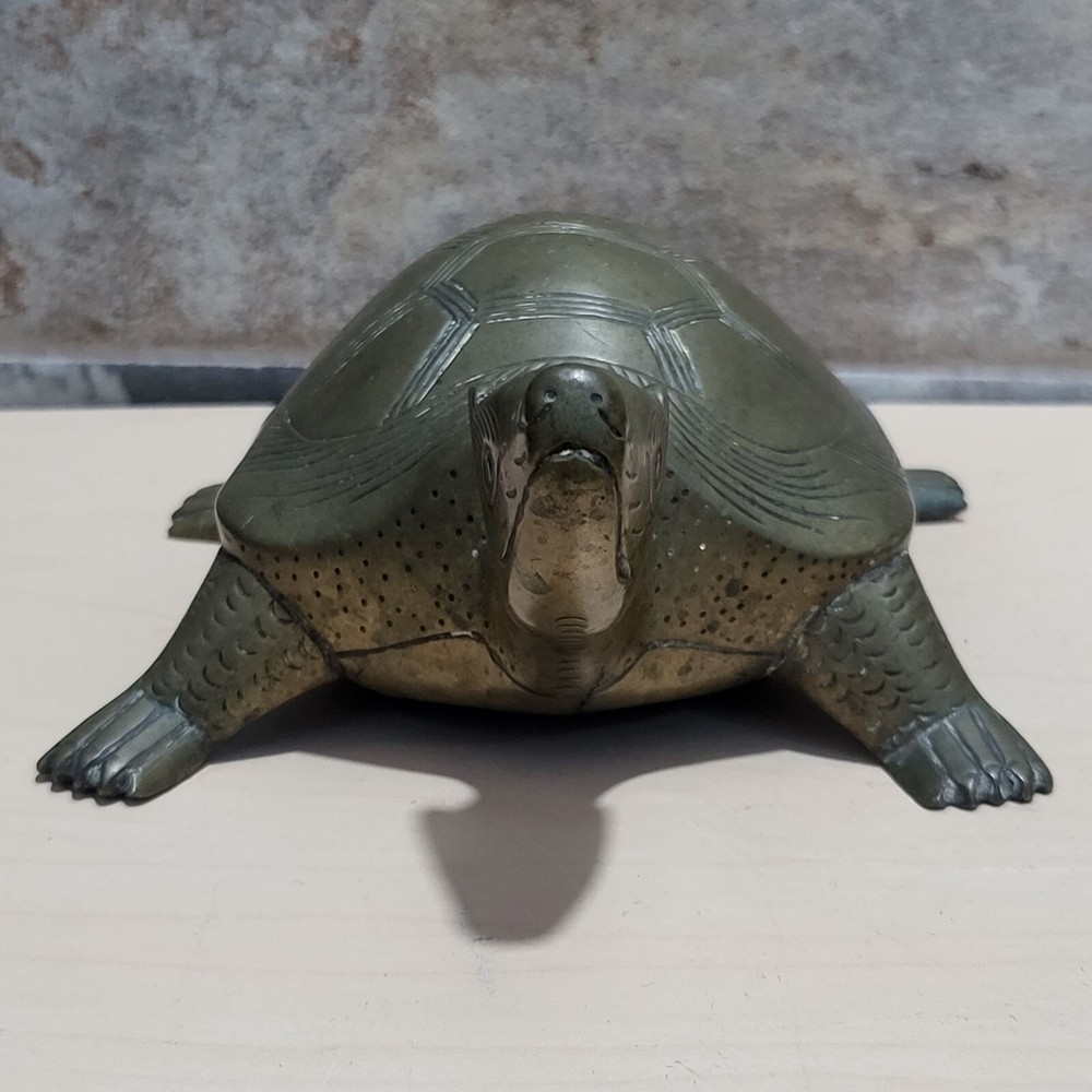 Vintage Etched Solid Brass Turtle Longevity Animal Tortoise
