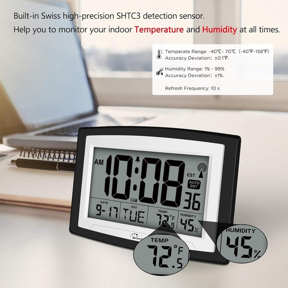 WallarGe Atomic Clock With Indoor Temperature And Humidity, 12.5" Self-Setting