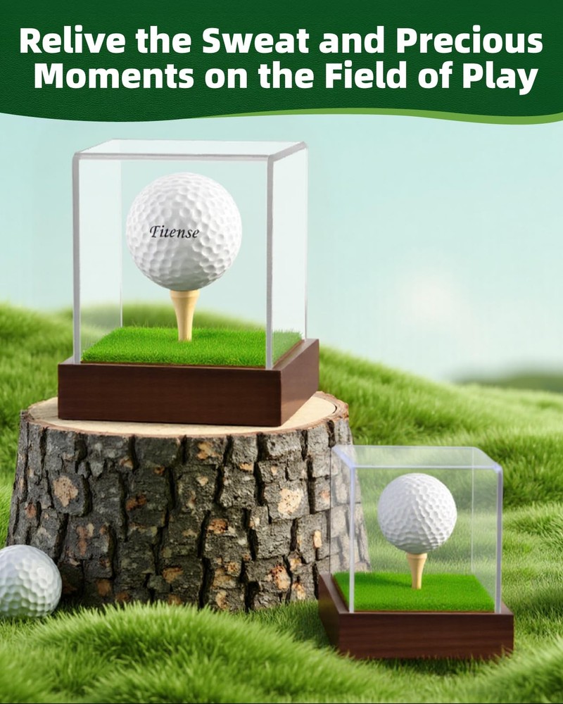 Golf Ball Display Case - Clear Acrylic Cube with Solid Wood Base & Tee, Anti-...