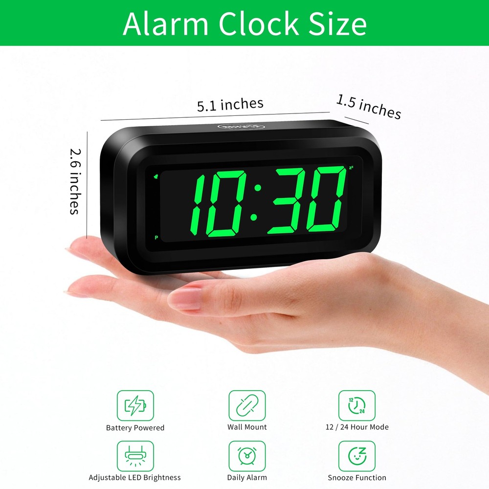 Alarm Clock, Small Digital Clock, 1.2inch Green LED Clock, Adjustable Brightn...
