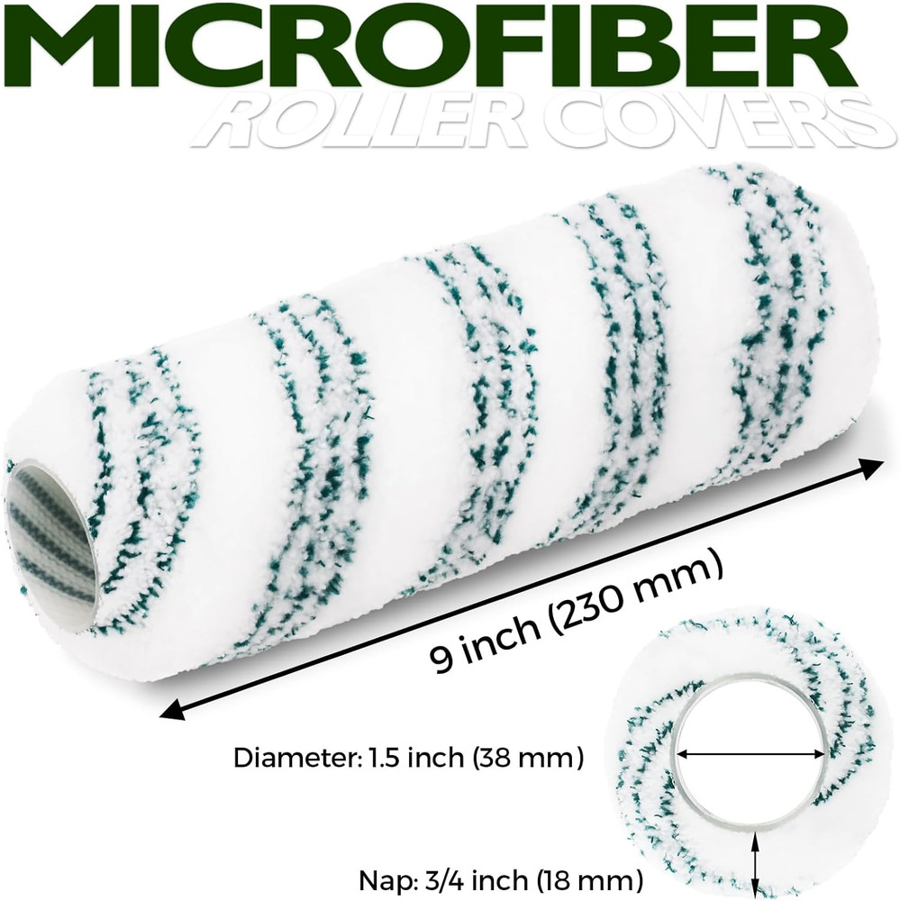 18 Pack 9" X 3/4" Nap Microfiber Paint Roller Covers, High-Capacity Microfiber C
