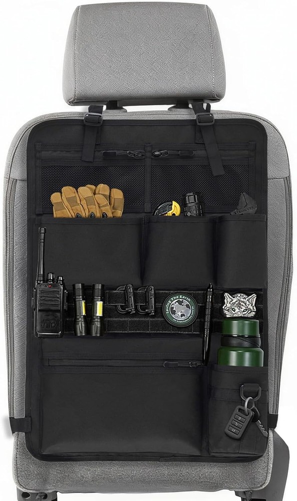 Tactical Car Seat Organizer with Multiple Pockets, MOLLE Panel System & Mesh Com