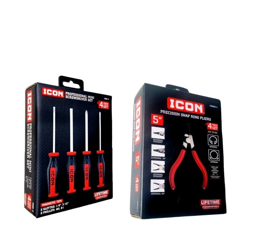 Two Icon 5" Precision Snap Ring Pliers 4pc/Screwdriver Precision Set .4pc