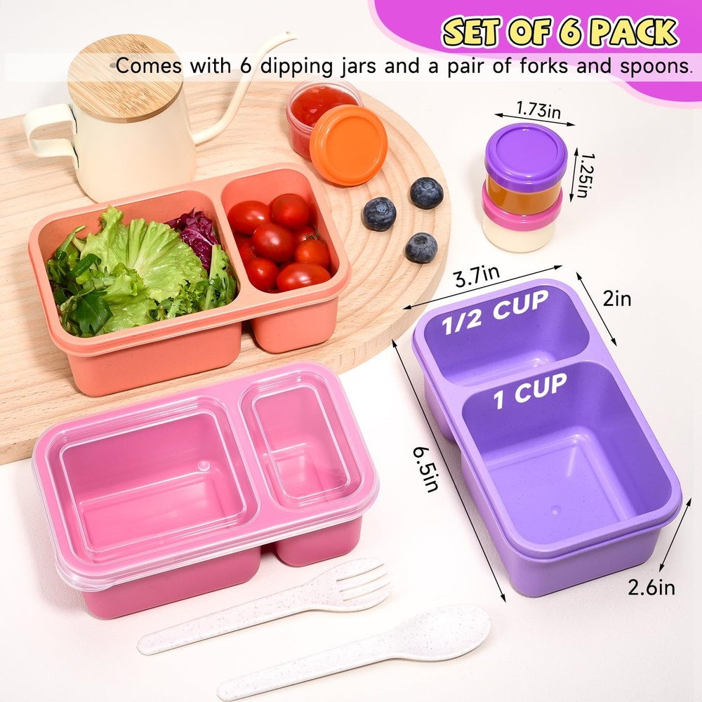 6 Pack Snackle Box Container for Meal Prep, 2 Compartment Small Reusable Lunc...
