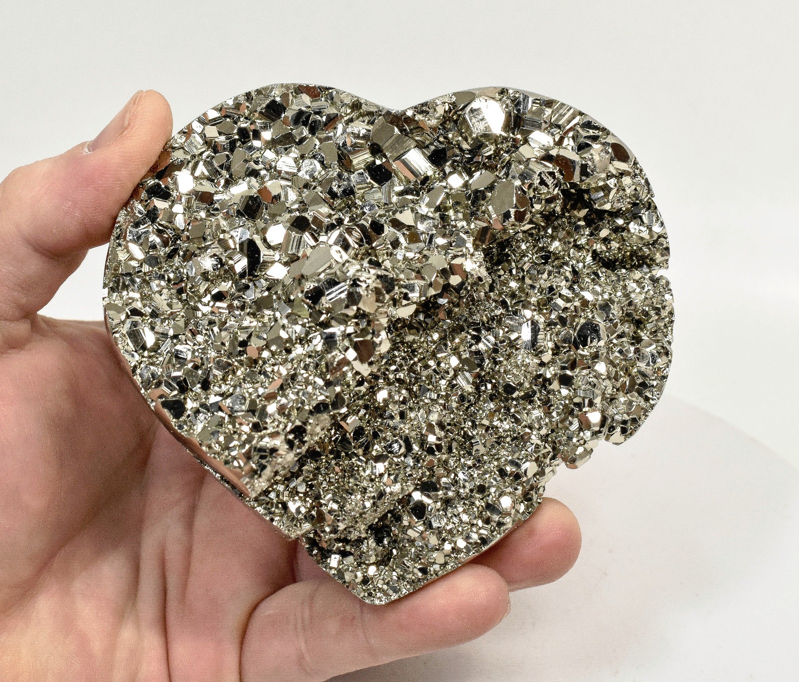 4.21" Polished PYRITE CRYSTAL HEART Carving Huanzala mine, Peru T707