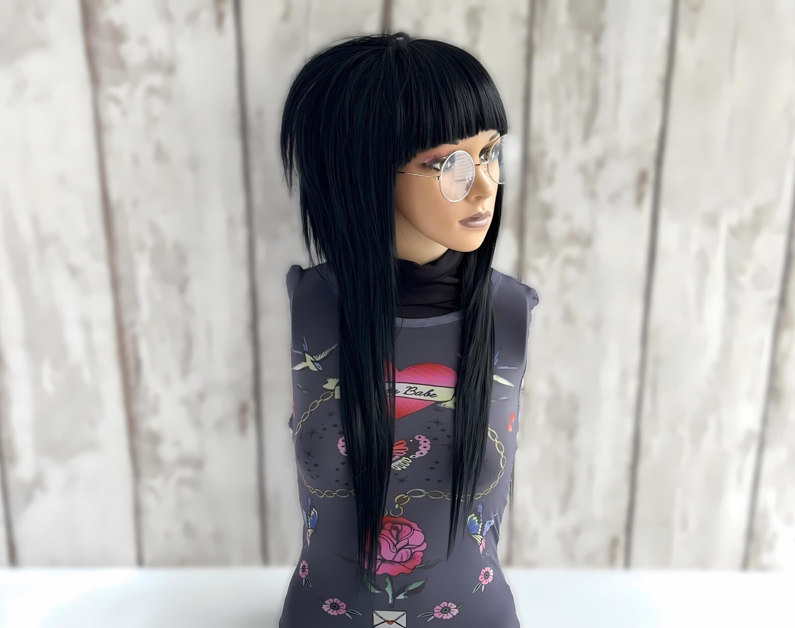 Emo Scene Wig Black Layered Shag Mullet Wig with Straight Bangs
