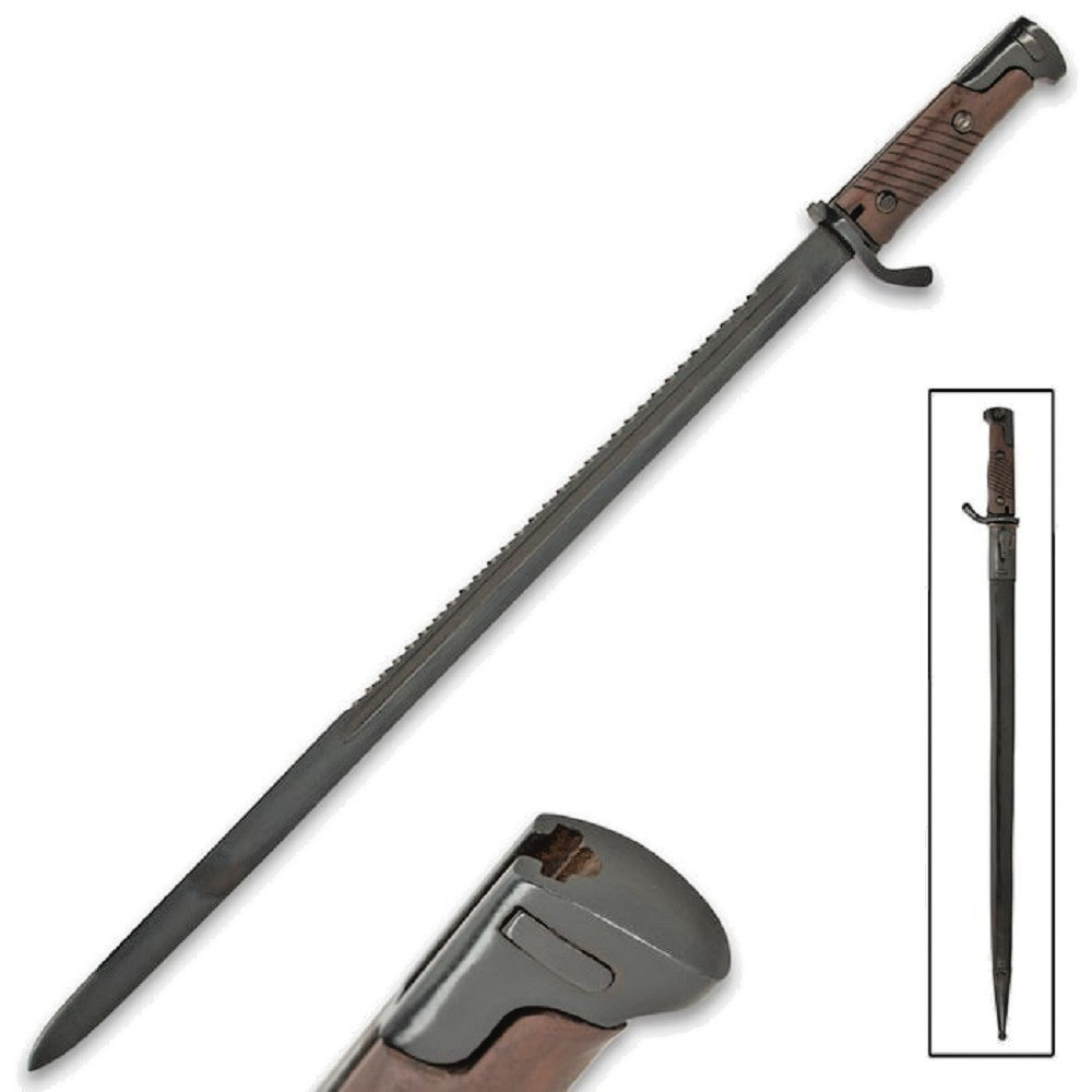 German M1898 Gewehr 98 Butcher Saw Back Sword Bayonet w/ Scabbard - Reproduction